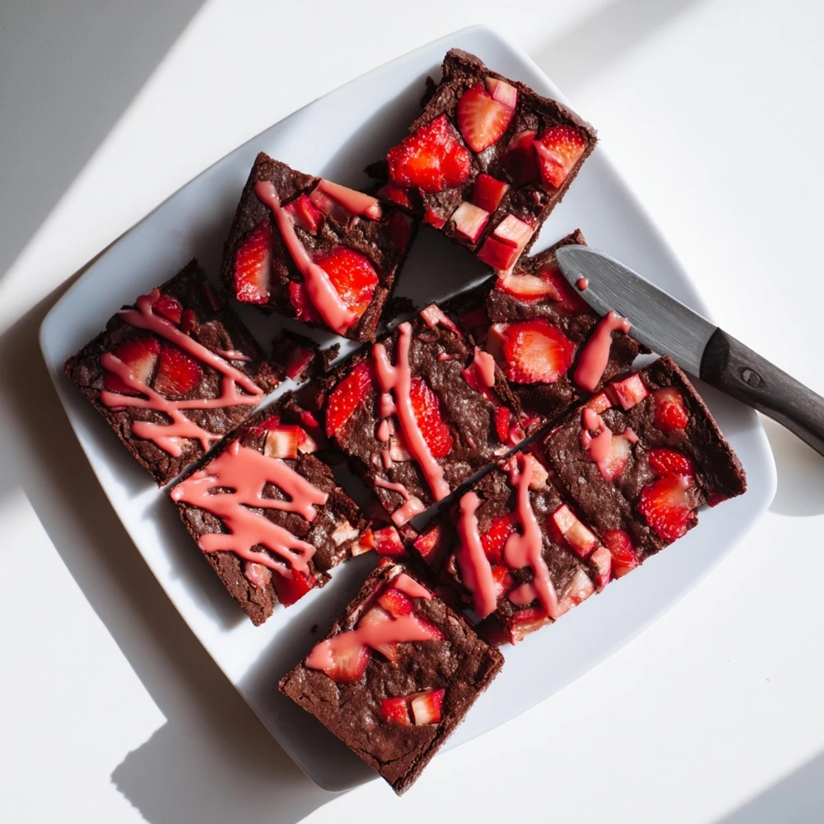 Chocolatey easy strawberry brownies topped with strawberry puree glaze and fresh berry garnish