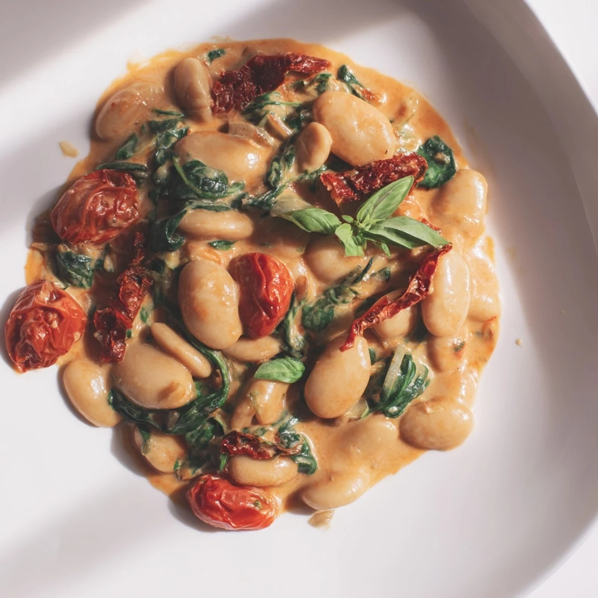 Creamy Greek yogurt marry me butter beans in rich tomato sauce with fresh basil garnish