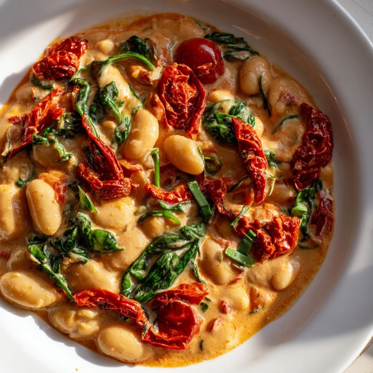 Golden skillet of Greek yogurt marry me butter beans swimming in tangy tomato sauce with spinach