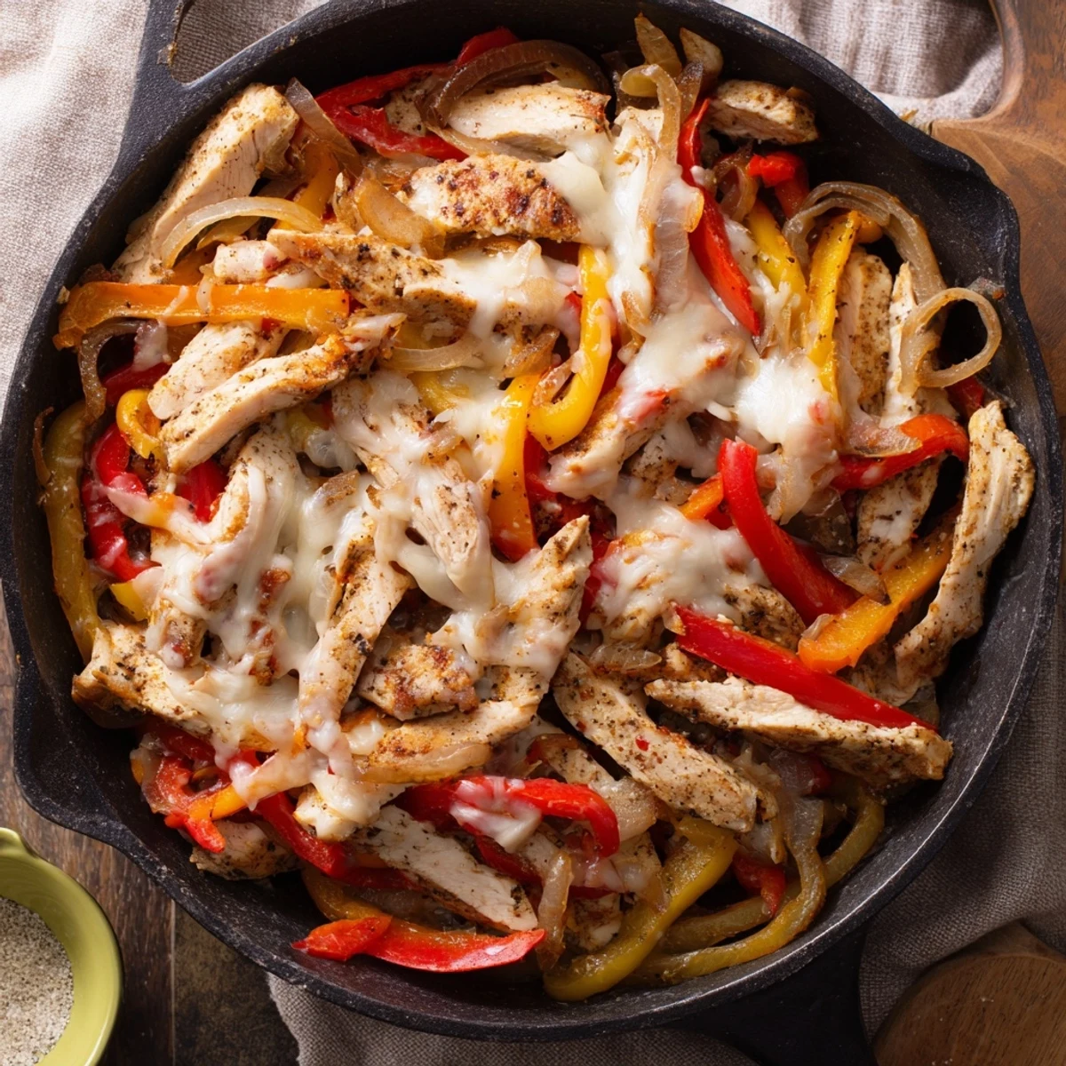 Sizzling chicken cheesesteak skillet with melted provolone, caramelized peppers, and golden onions in a cast iron pan