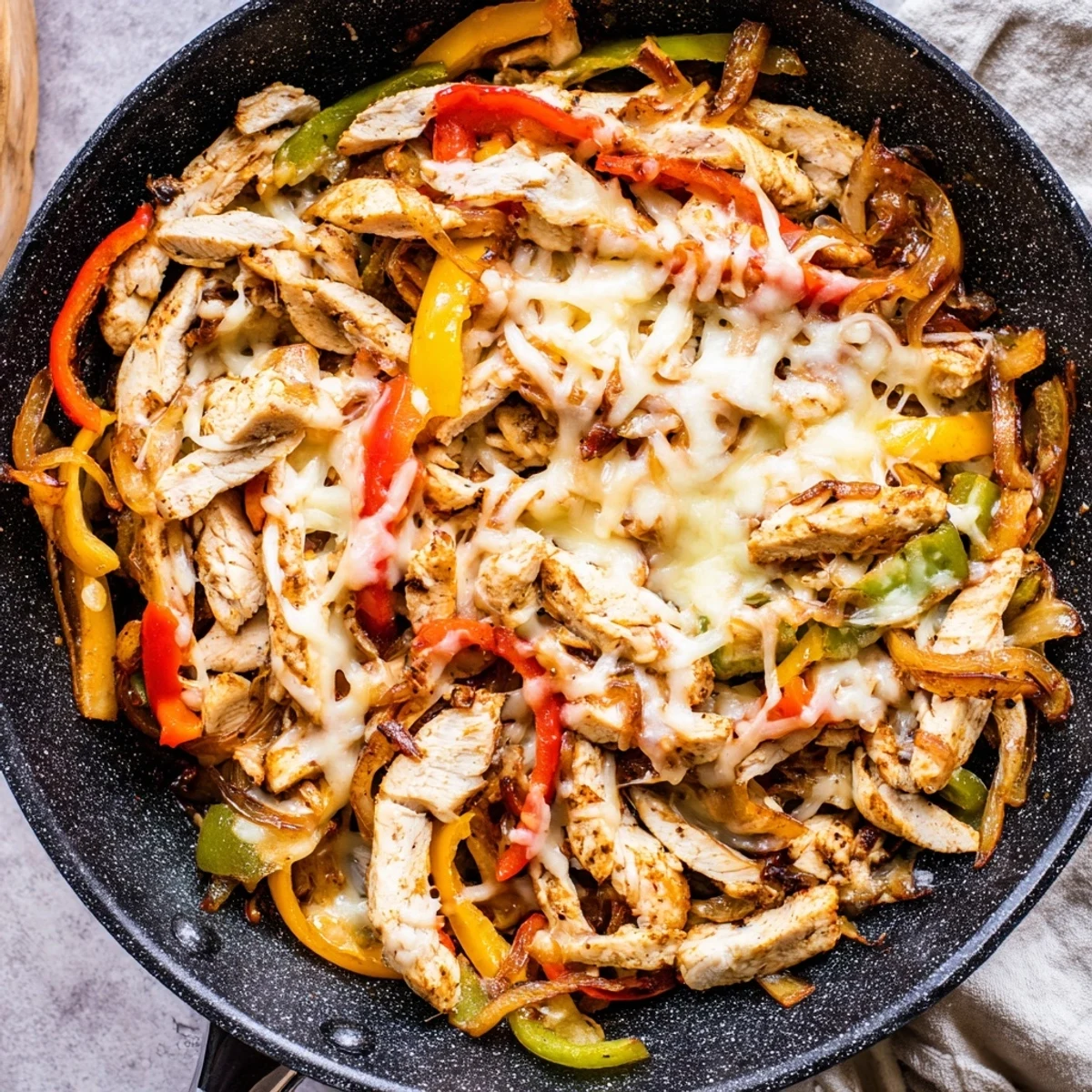 One-pan chicken cheesesteak skillet featuring tender chicken slices, colorful bell peppers, and bubbling melted cheese ready to serve