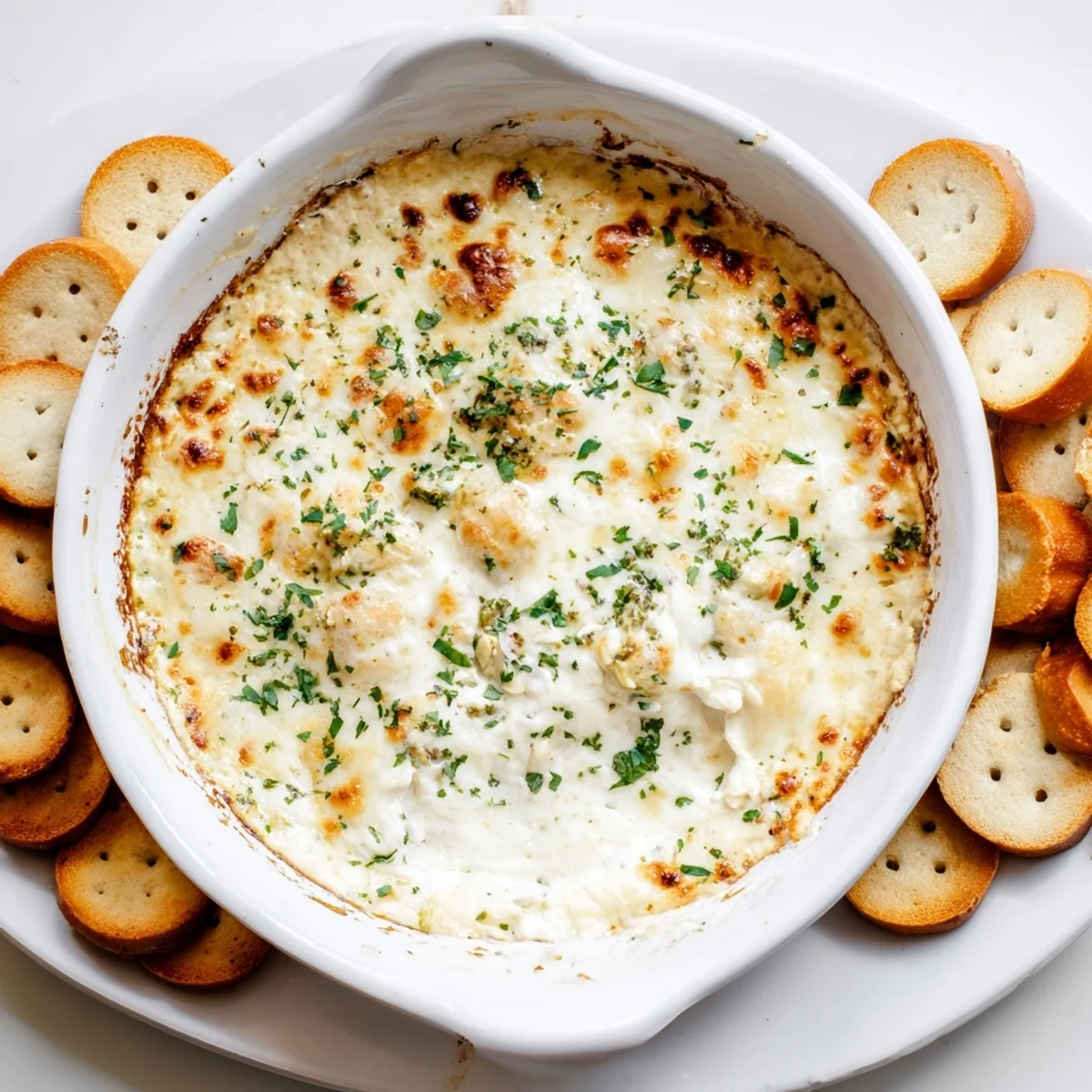Golden bubbly cheesy garlic white pizza dip sprinkled with fresh parsley and served warm with crusty bread slices