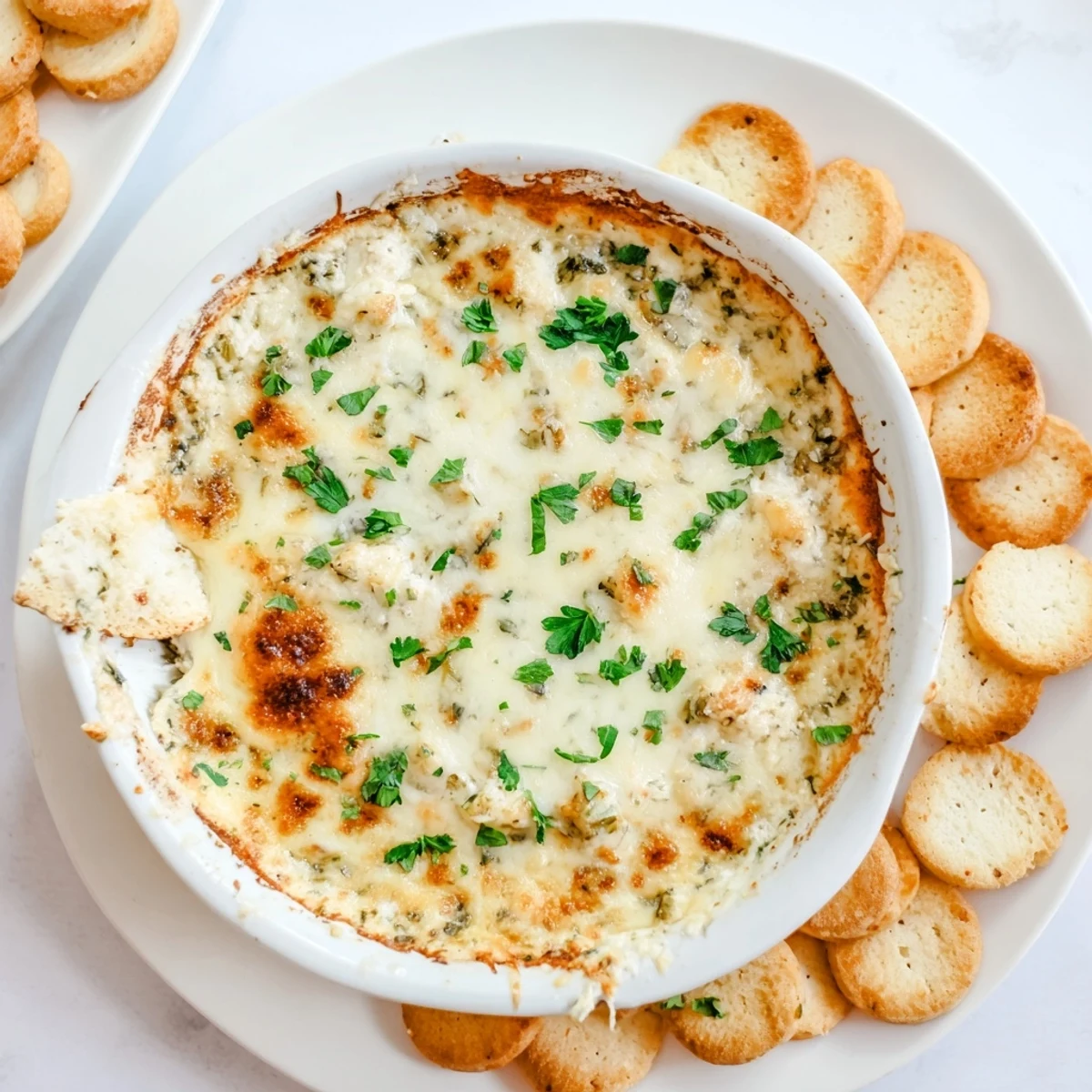Creamy white pizza dip topped with melted mozzarella cheese and fresh herbs, ready for dipping with crackers