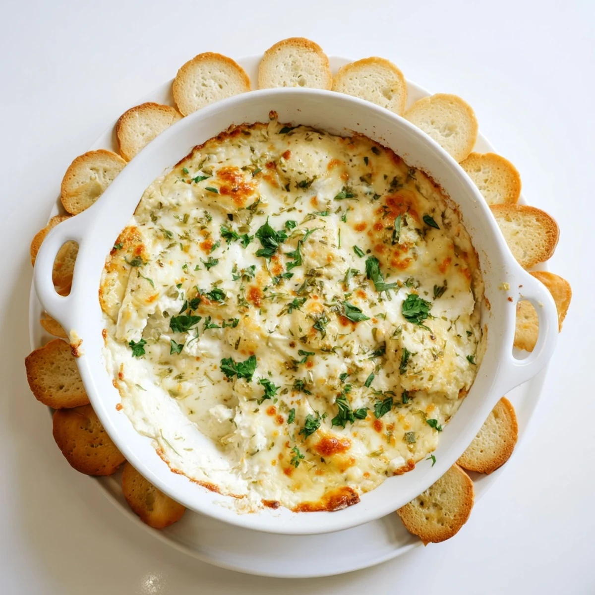 Hot and bubbly garlic cheese dip in a baking dish with golden brown top and baguette for serving