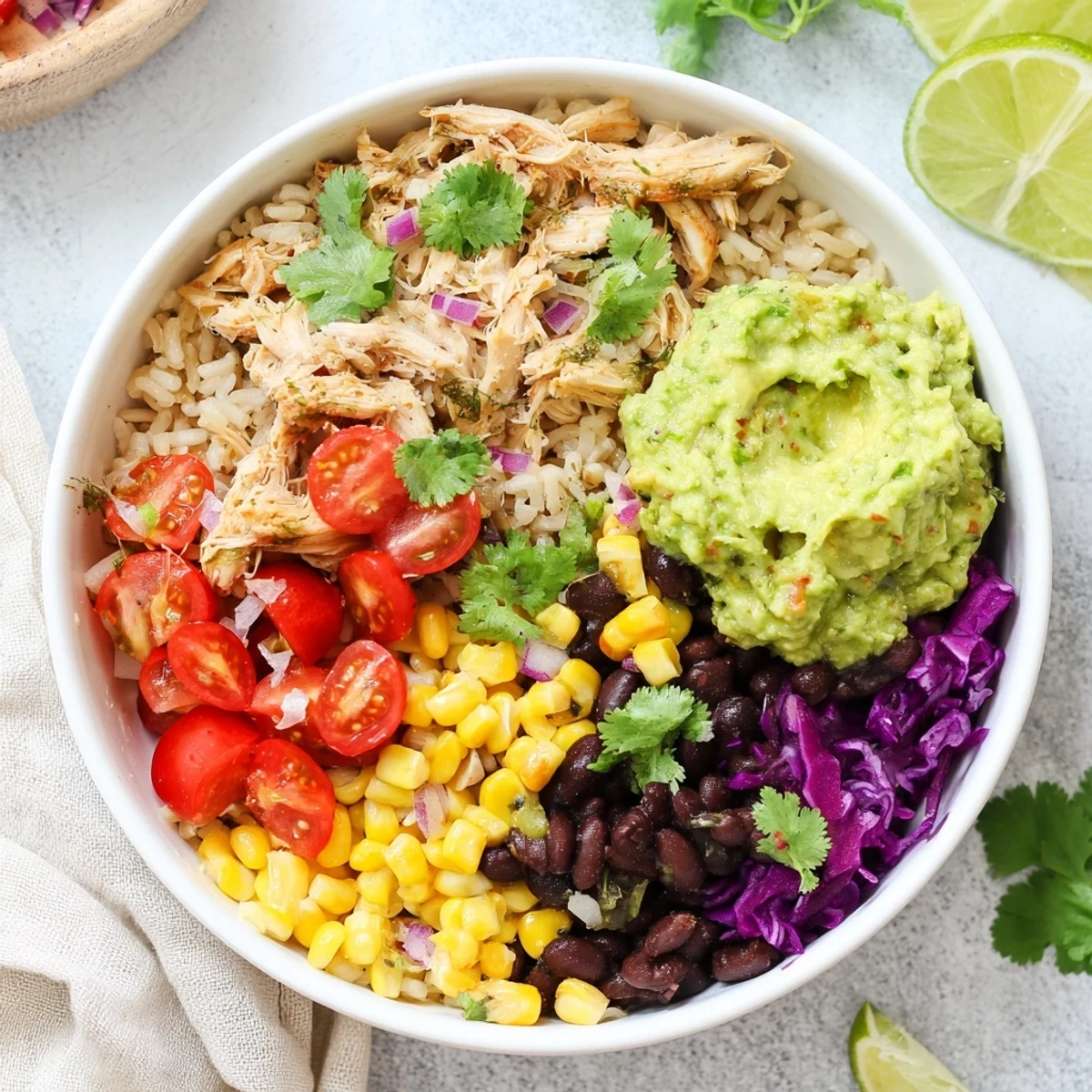 Pulled chicken guacamole bowl topped with colorful fresh vegetables and creamy avocado spread