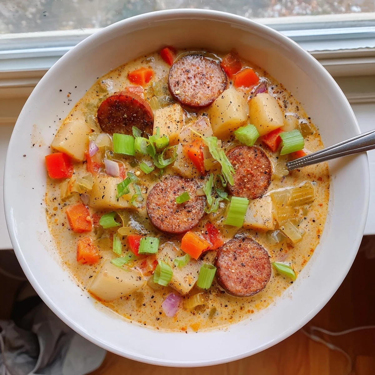 Steaming bowl of Cajun potato soup topped with green onions featuring rich broth and smoky sausage pieces