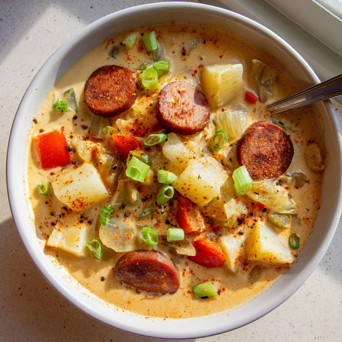 Creamy spicy Cajun potato soup with chunks of tender potatoes and sliced Andouille sausage in a bowl