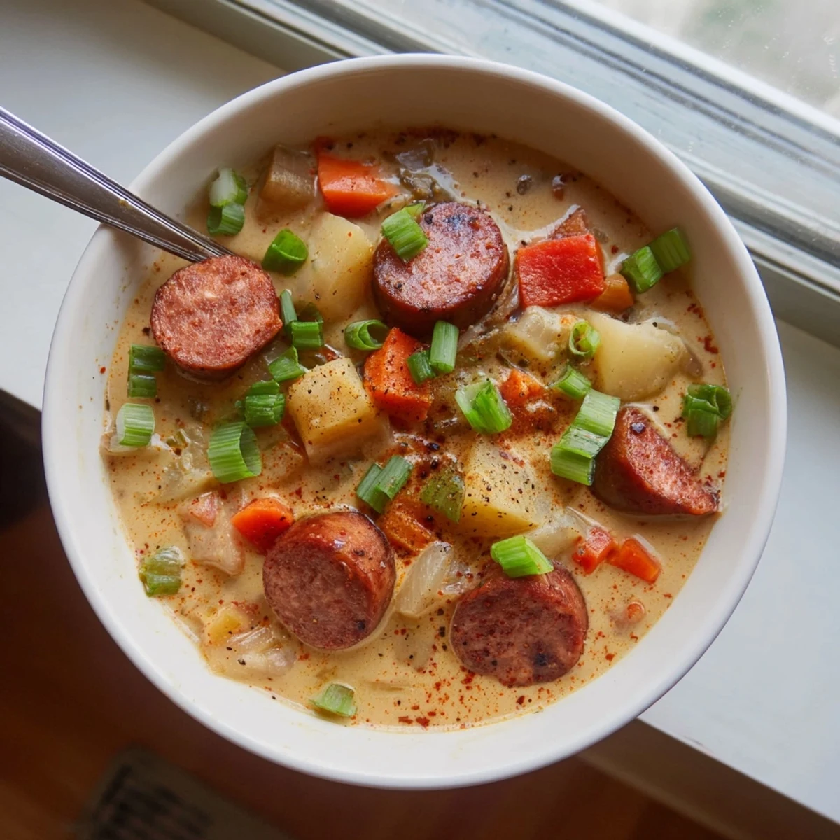 Hearty spicy Cajun potato soup with diced vegetables and Andouille sausage garnished with fresh green onion slices