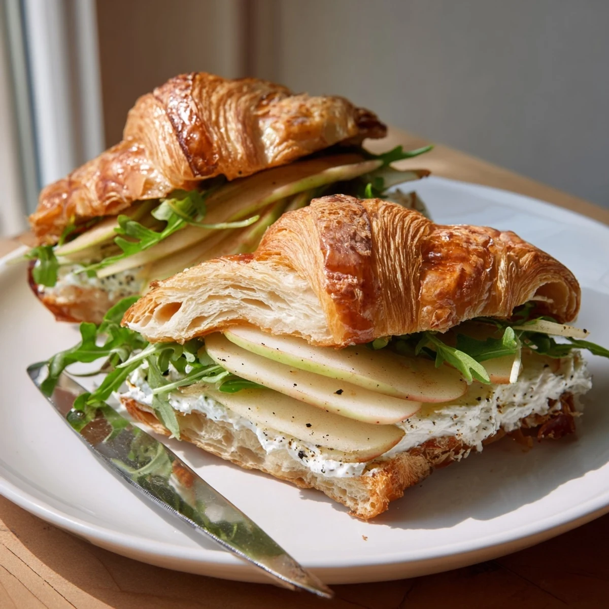 Flaky golden croissant sandwich stuffed with creamy goat cheese, crisp apple slices, and fresh peppery arugula