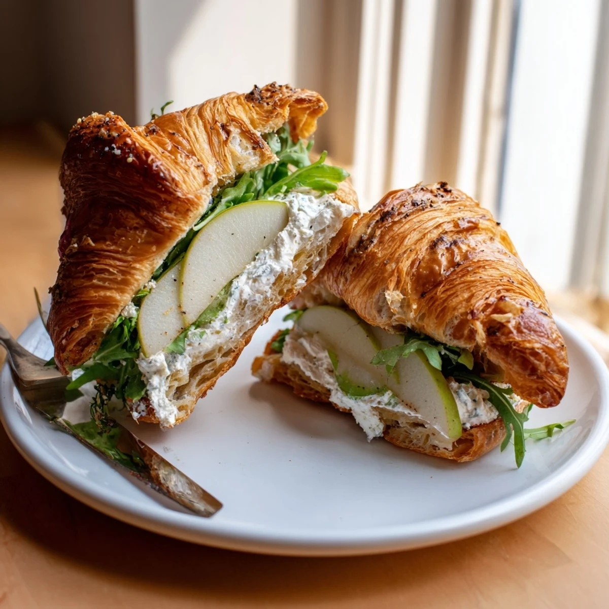 Golden apple goat cheese croissant sandwich layered with honey-drizzled fruit and fresh baby spinach on a wooden board