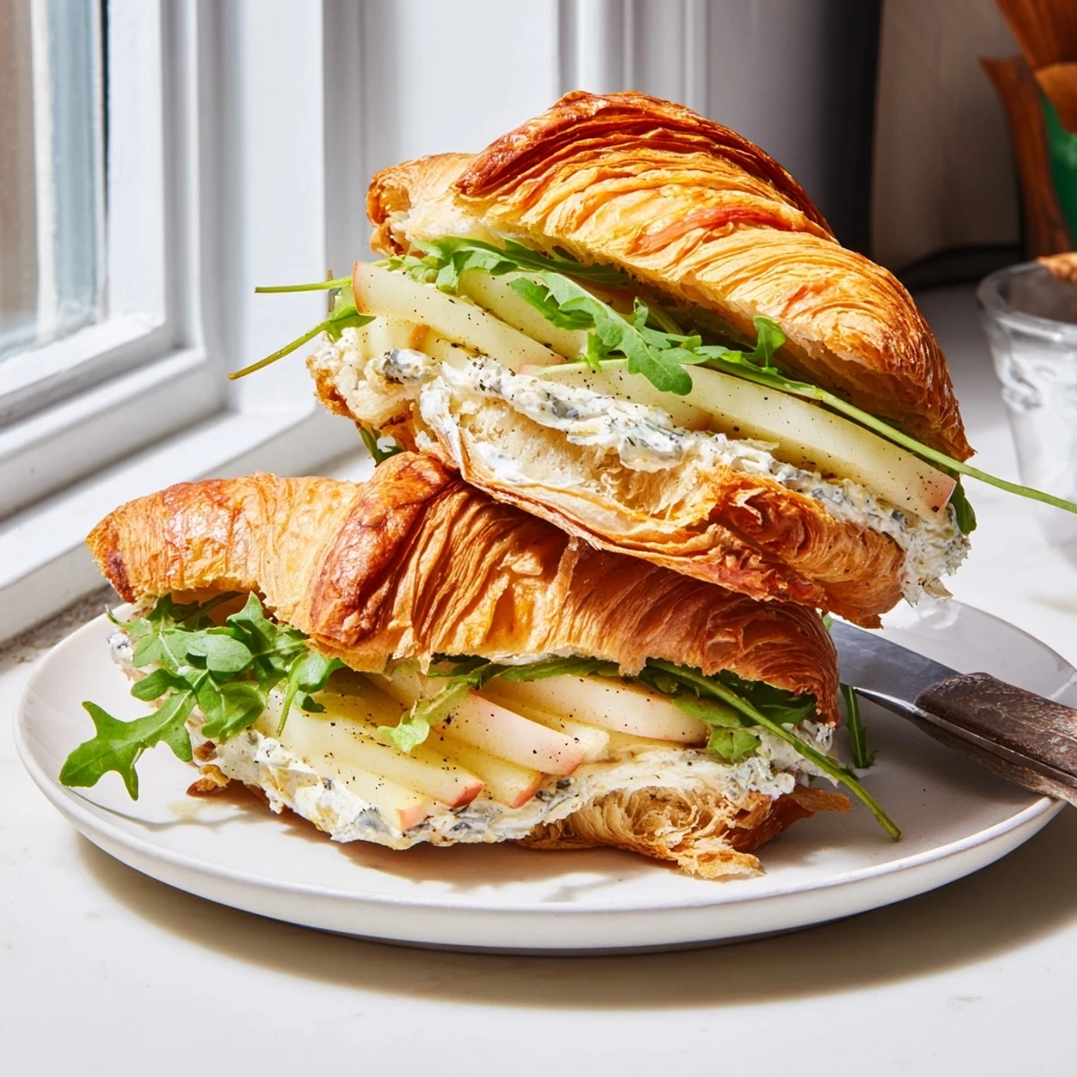 Sliced French croissant filled with tangy goat cheese spread, thin Granny Smith apples, and vibrant green arugula leaves
