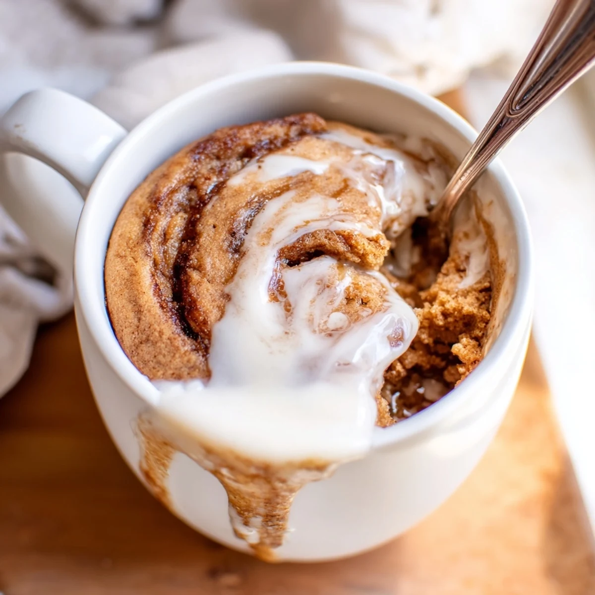 Warm cinnamon roll mug cake with protein-rich cottage cheese drizzled with cream cheese icing