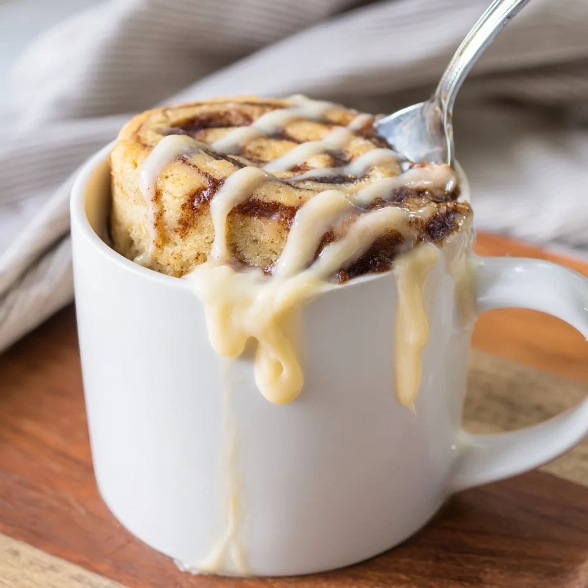 Soft high protein cottage cheese cinnamon roll mug cake with swirls of cinnamon sugar