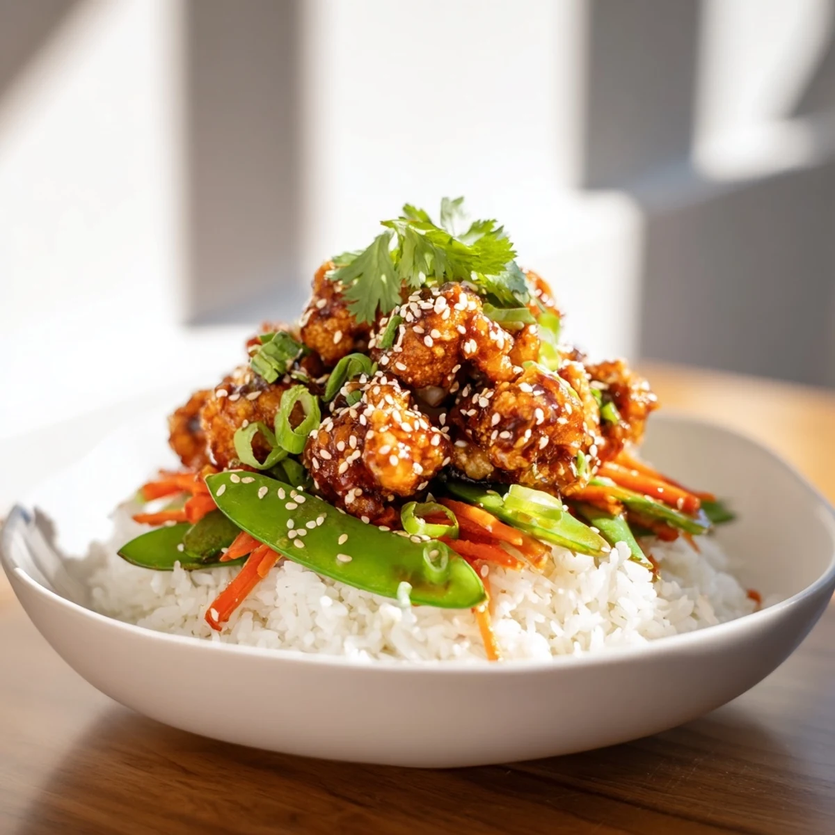 Golden crispy General Tsos cauliflower florets glazed in sweet tangy red sauce over fluffy white rice