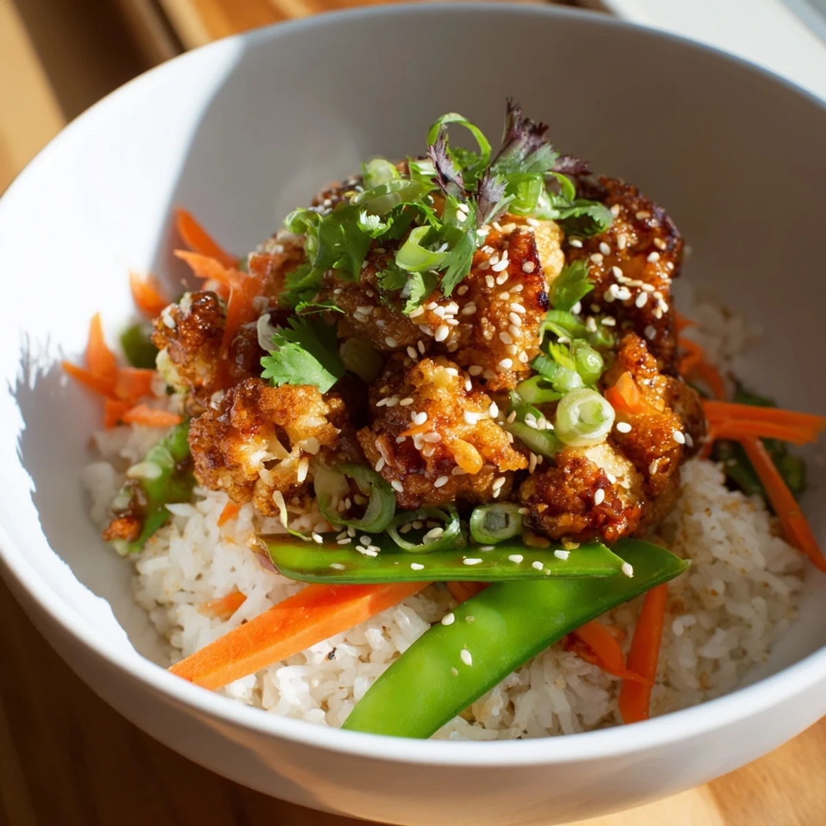 Plant-based General Tsos cauliflower served with steamed rice snow peas carrots and green onions for a satisfying takeout-style dinner