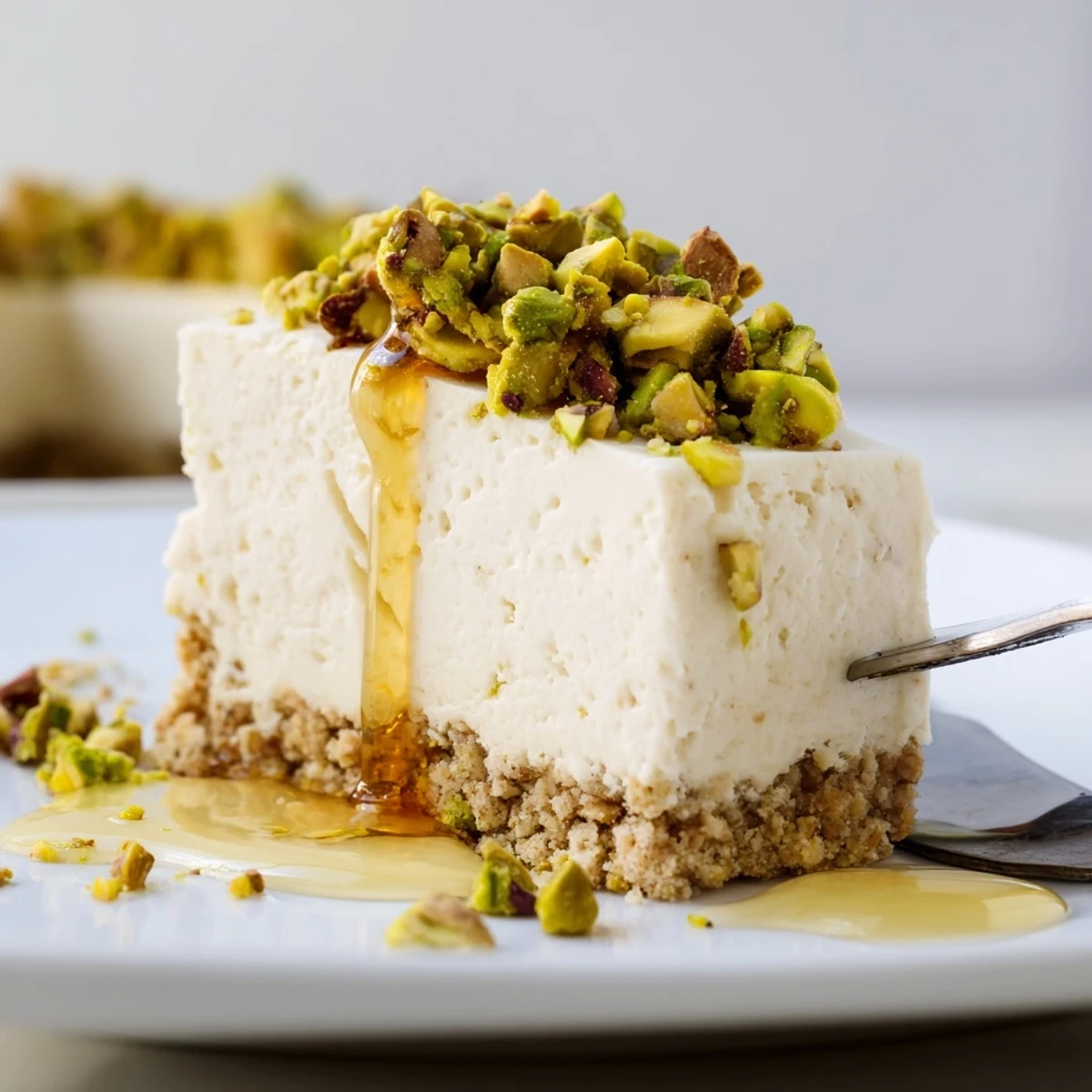 Golden honey drizzles over creamy Greek honey pistachio cheesecake bars topped with crunchy pistachios