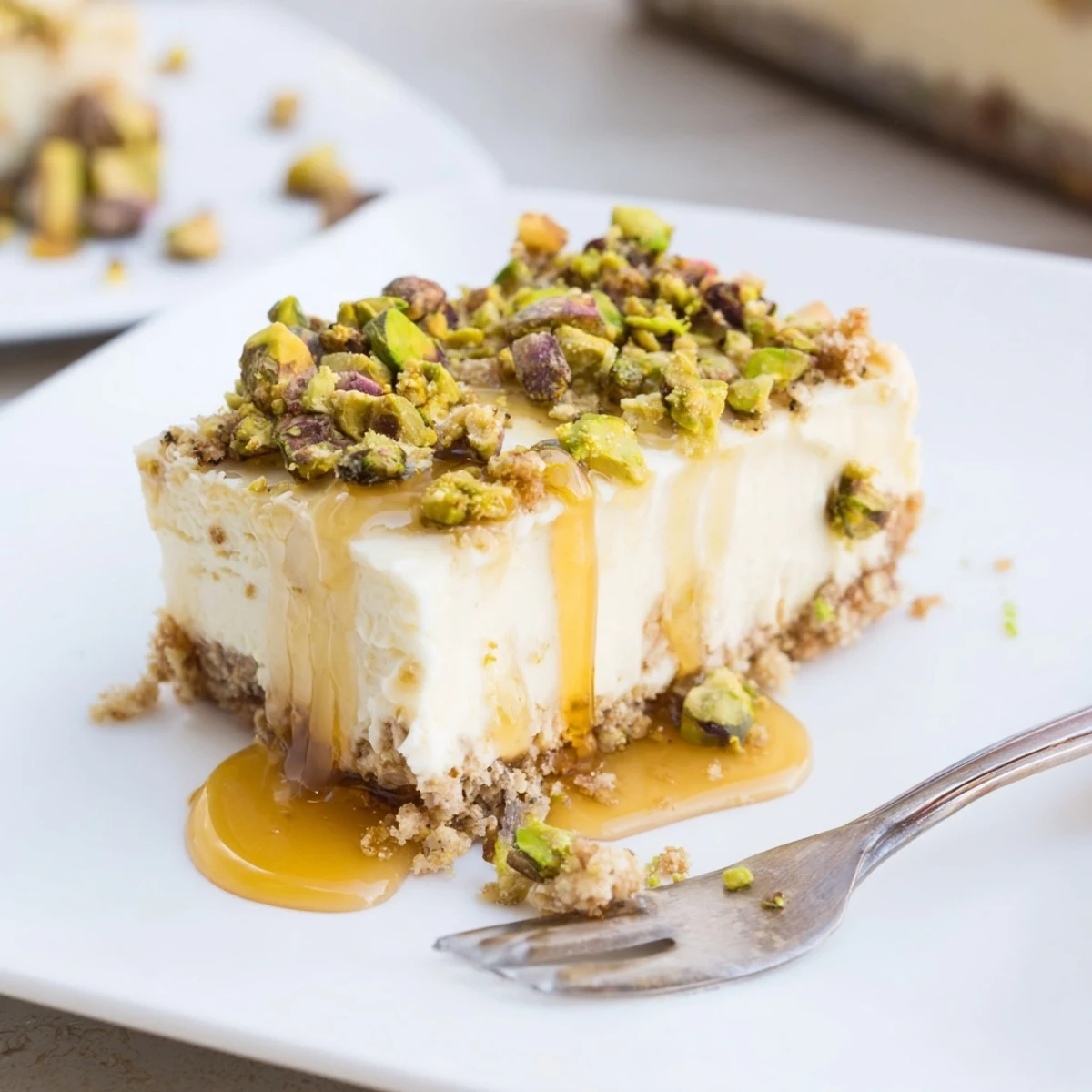 Square slices of Greek honey pistachio cheesecake bars featuring golden honey glaze and green pistachio garnish