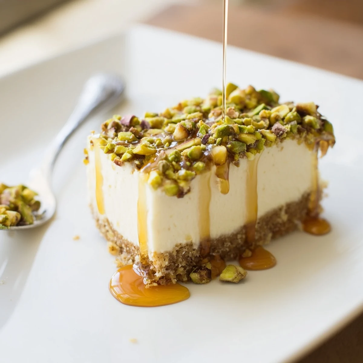 Luscious Greek honey pistachio cheesecake bars with buttery graham crust and honey-kissed creamy filling