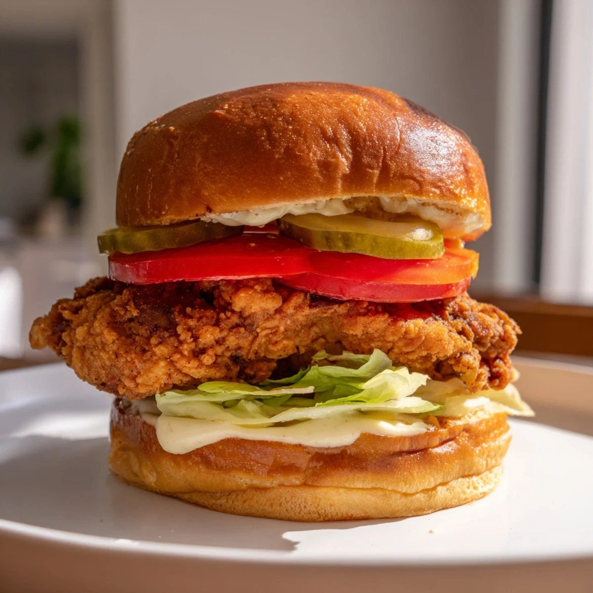 Golden brown Cajun crispy chicken sandwich topped with creamy garlic aioli on a toasted brioche bun