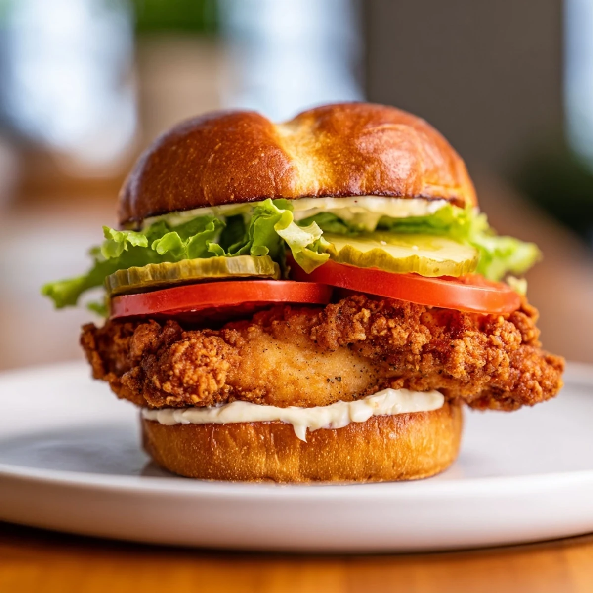 Spicy Cajun seasoned chicken breast sandwich with fresh lettuce, tomato, pickles, and homemade garlic aioli
