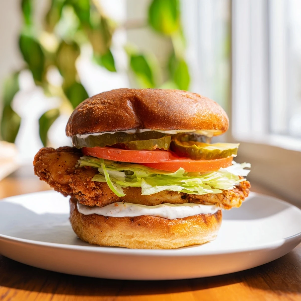 Crispy fried Cajun chicken sandwich layered with romaine, ripe tomato slices, and tangy garlic aioli sauce