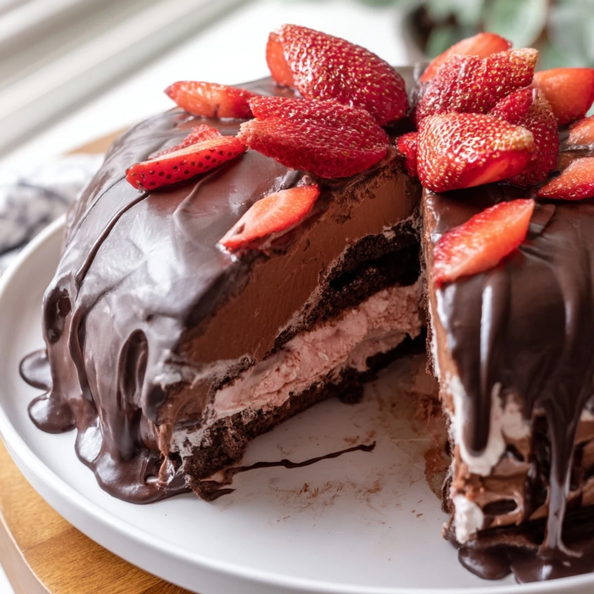 Chocolate covered strawberry ice cream cake sliced revealing layers of chocolate cake and pink strawberry ice cream topped with fresh strawberry halves and glossy chocolate drizzle on a white serving plate