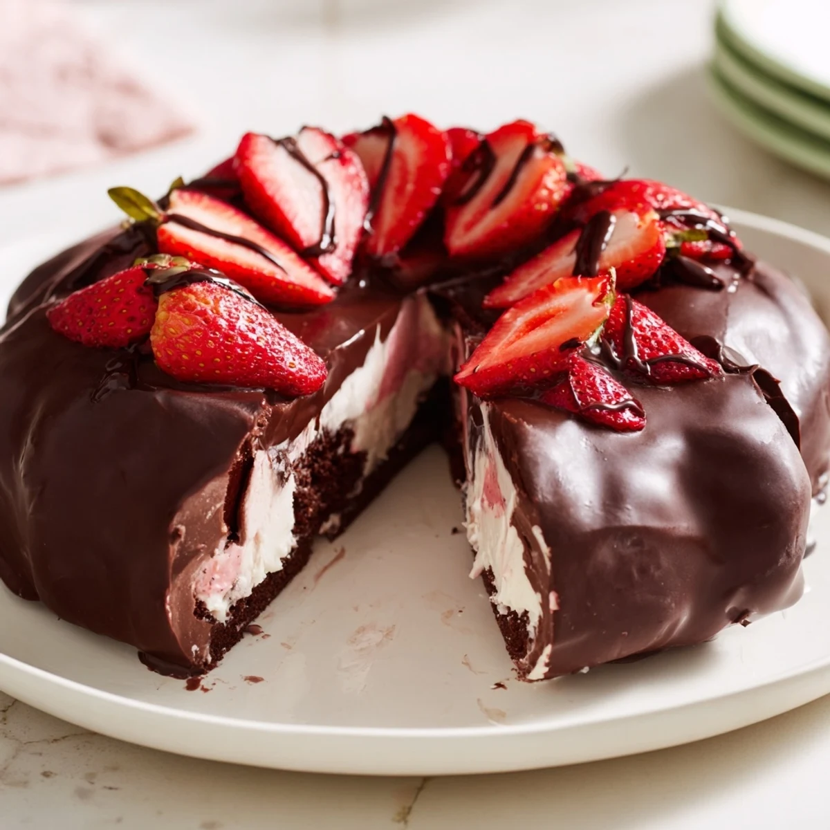 Decadent chocolate covered strawberry ice cream cake featuring crisp chocolate shell over creamy strawberry ice cream and rich chocolate cake base garnished with halved fresh strawberries