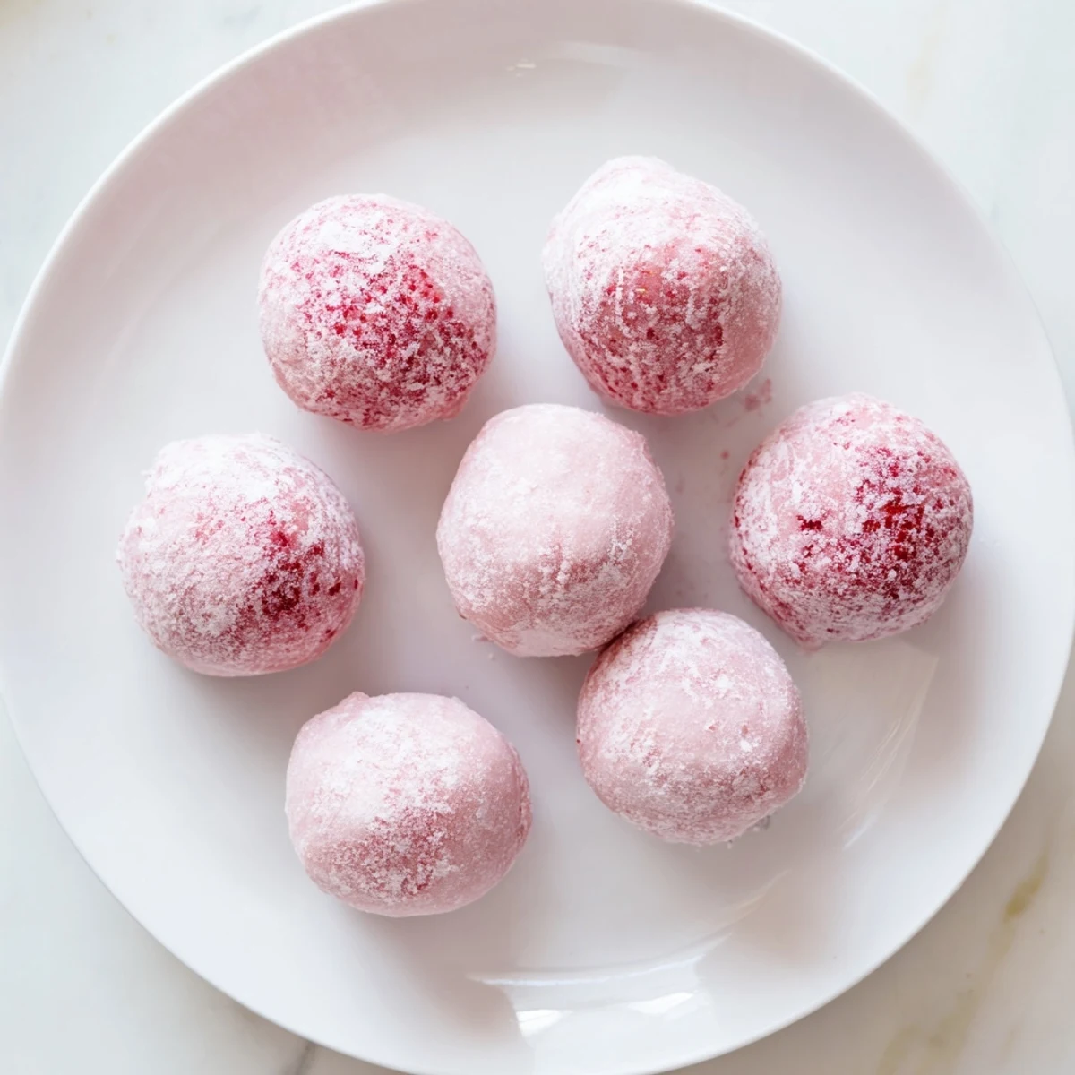 Soft pink mochi wrapped around creamy vegan strawberry ice cream balls on a white plate