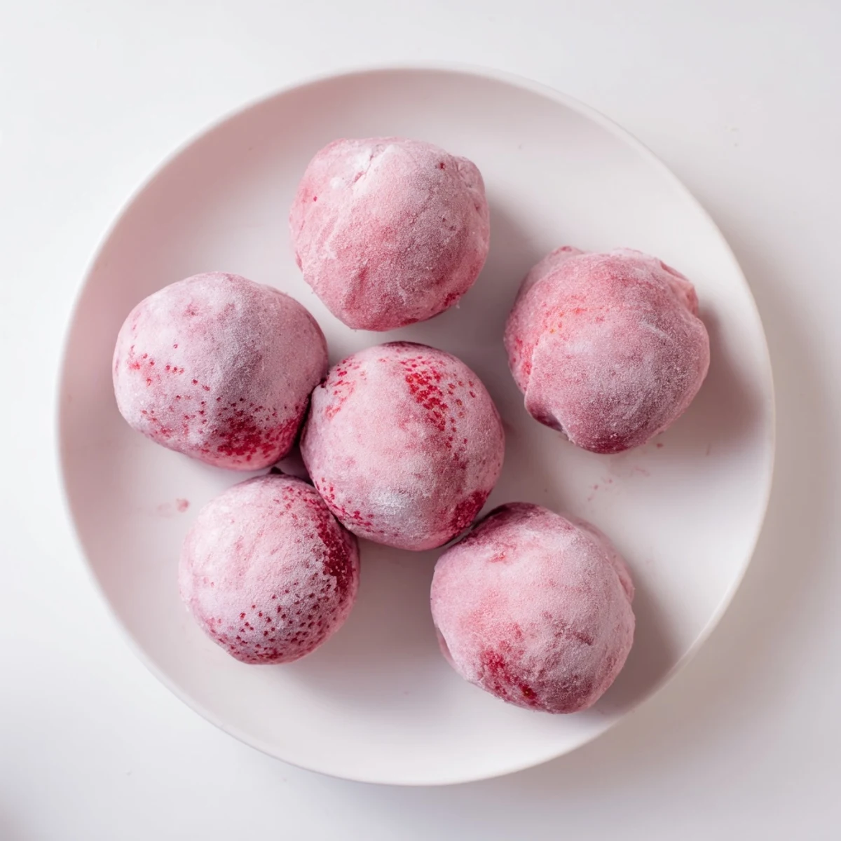 Eight handheld vegan strawberry mochi ice cream bites with smooth coconut ice cream centers