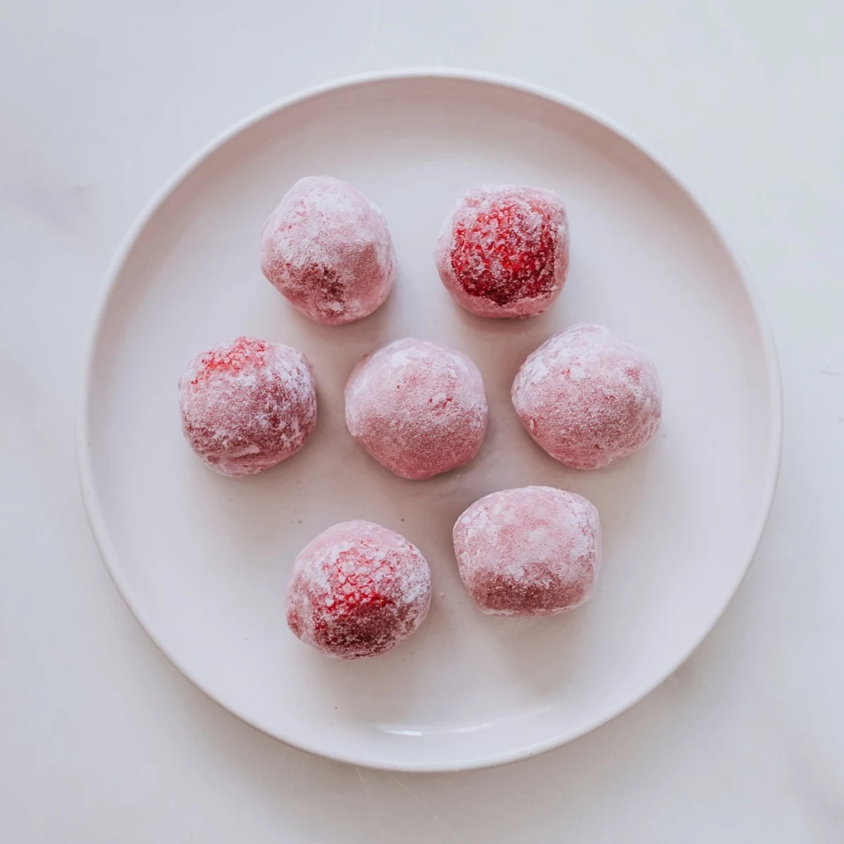 Chewy pink rice dough encasing sweet dairy-free strawberry ice cream treats dusted with starch