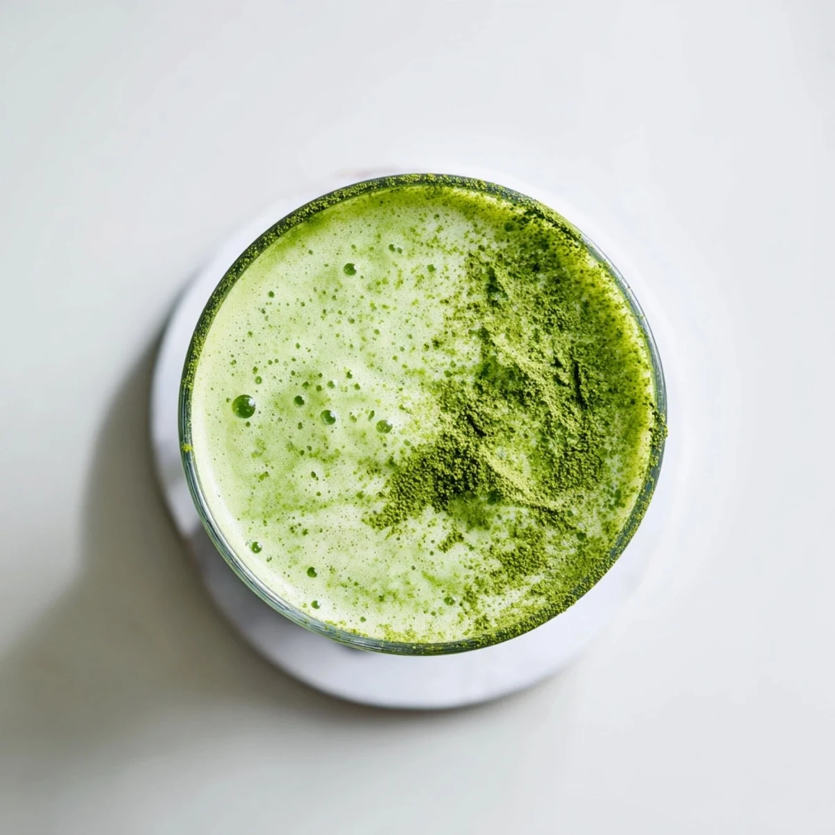 Fresh Energizing Banana Matcha Smoothie blender topped with chia seeds and ice cubes