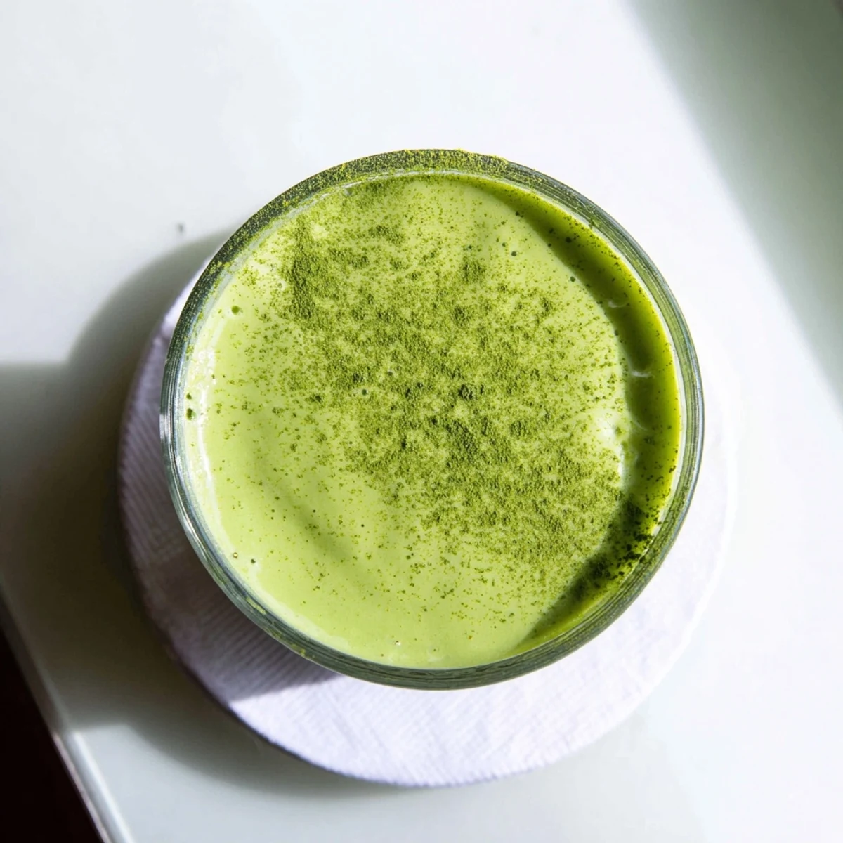 Two glasses of thick Energizing Banana Matcha Smoothie garnished with banana slices on wooden counter