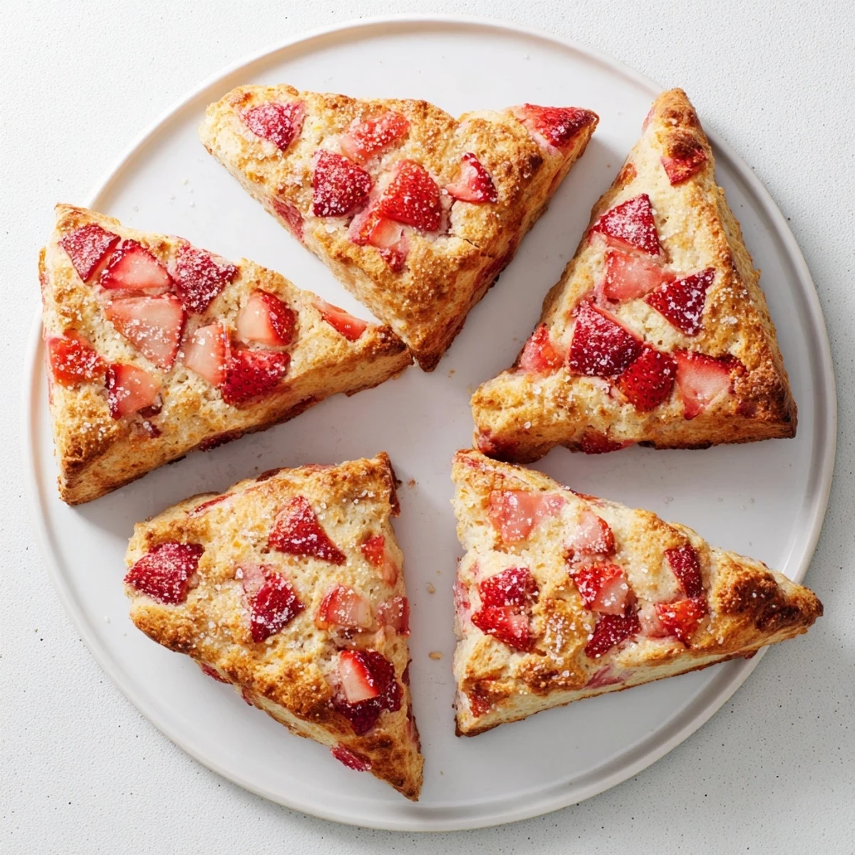 Golden brown strawberries and cream scones scattered with coarse sugar on a wire rack