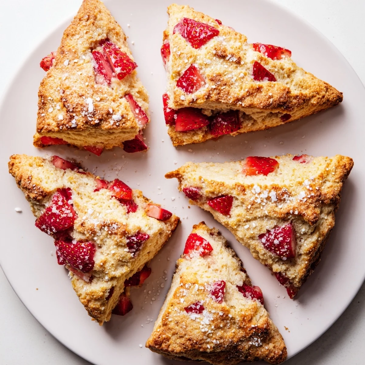Fresh strawberry pieces visible inside tender cream-enriched scones baked to golden perfection