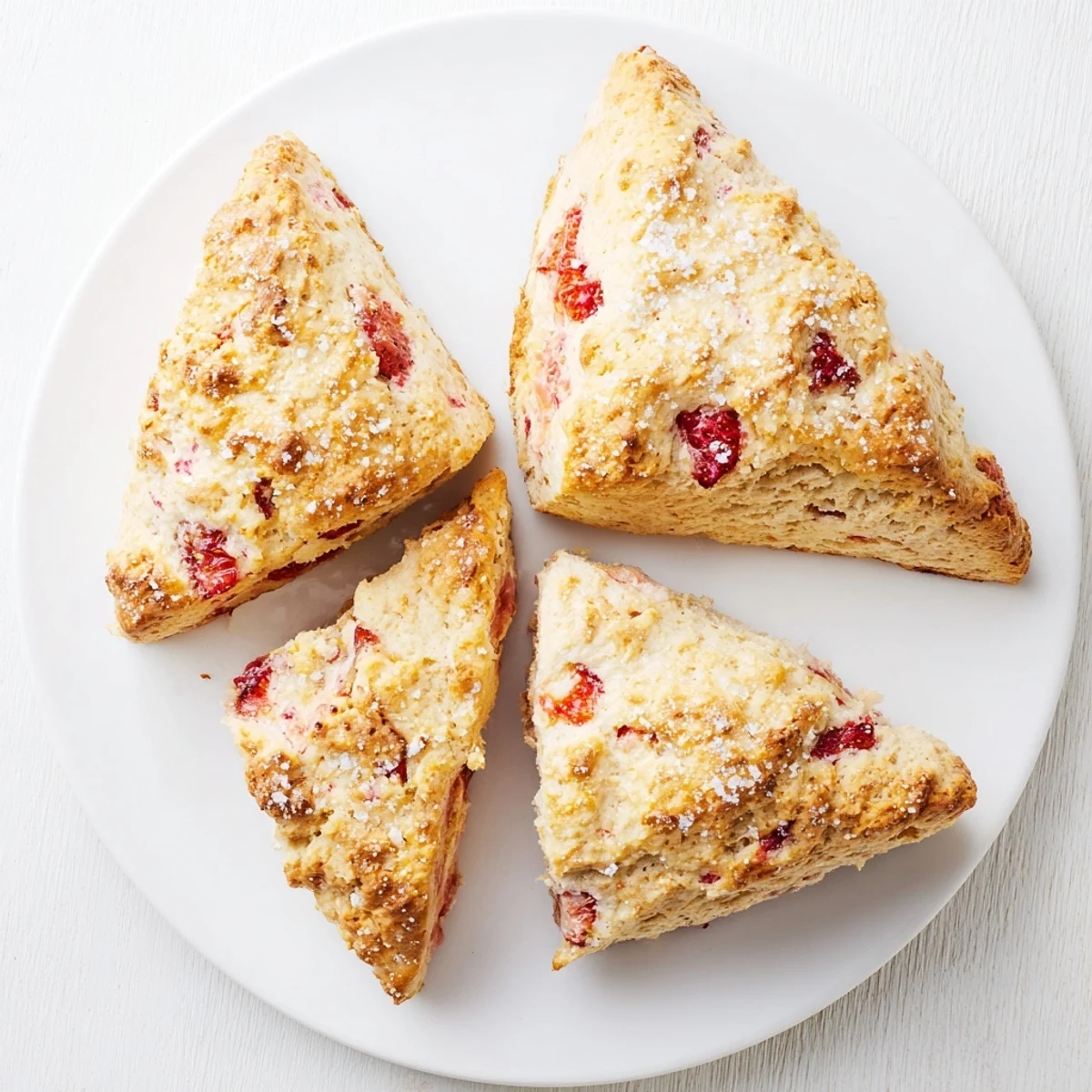 Two triangular strawberries and cream scones dusted with sparkling coarse sugar for breakfast