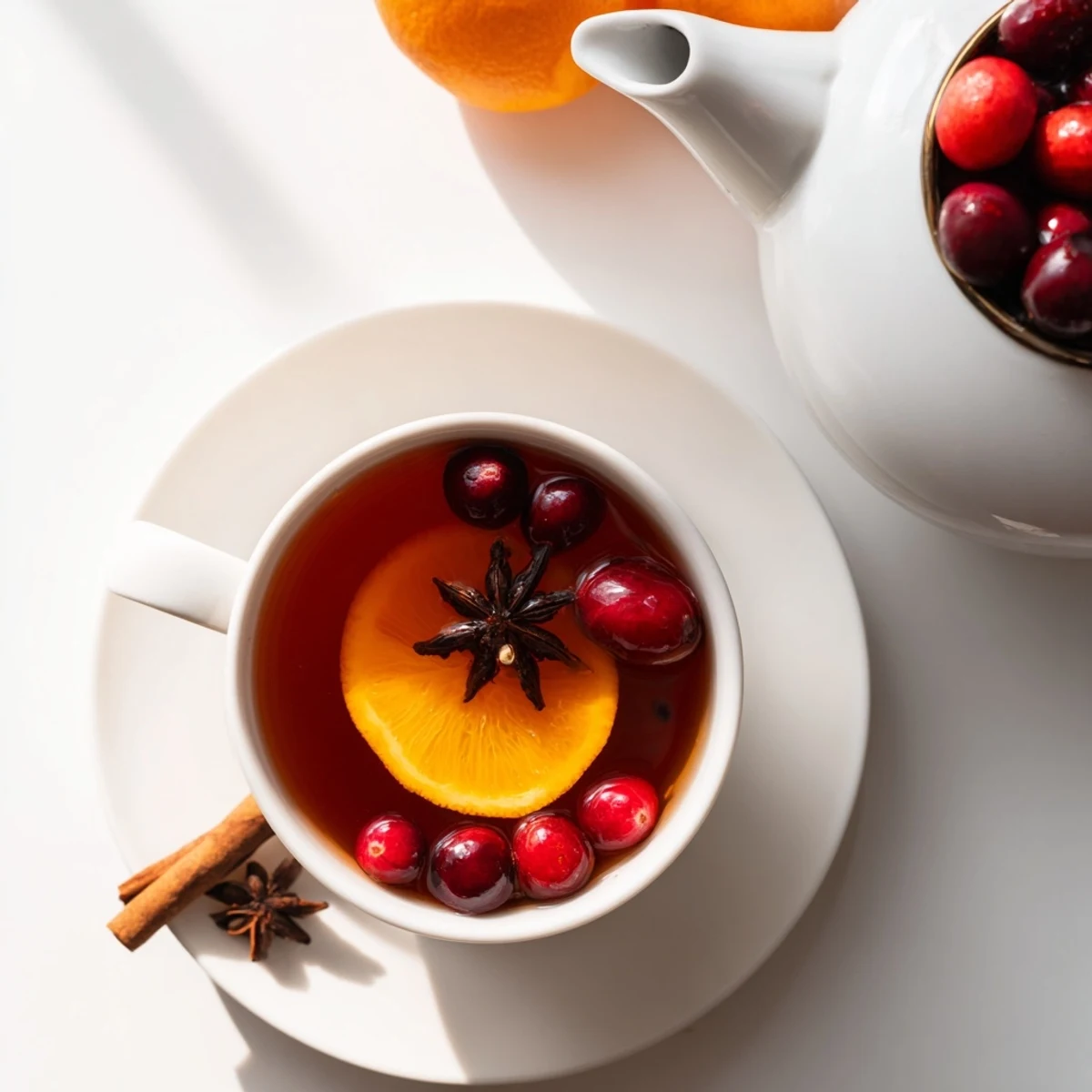 Steaming Orange Cranberry Tea infused with cinnamon sticks and fresh citrus slices in a glass teapot