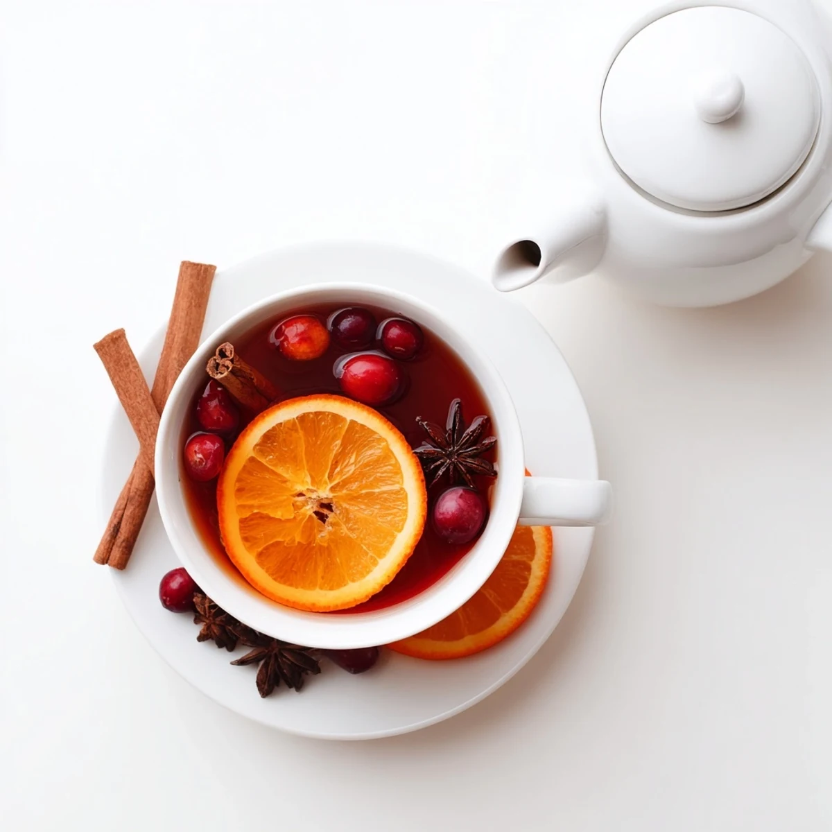 Warm spiced Orange Cranberry Tea featuring floating cranberries and star anise, garnished with orange wheel