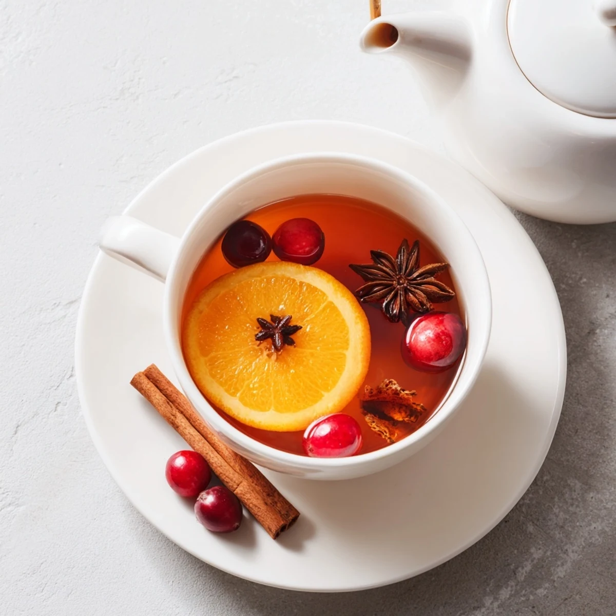 Golden Orange Cranberry Tea blend simmered with cloves and cinnamon, served with fresh orange garnish