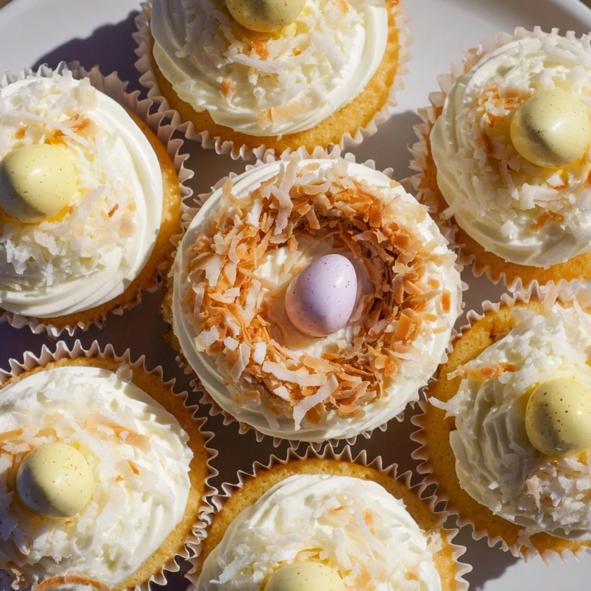 Moist vanilla coconut nest cupcakes topped with fluffy white frosting and golden toasted coconut nests holding colorful mini chocolate eggs on white plate