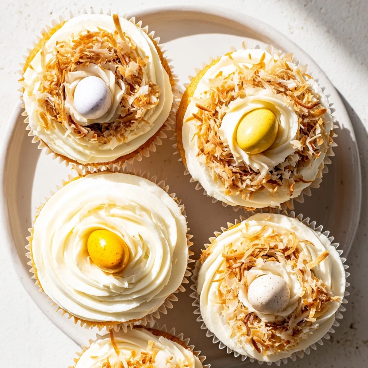 Easter coconut nest cupcakes with swirls of creamy coconut buttercream, toasted coconut, and pastel chocolate eggs arranged on decorative serving platter