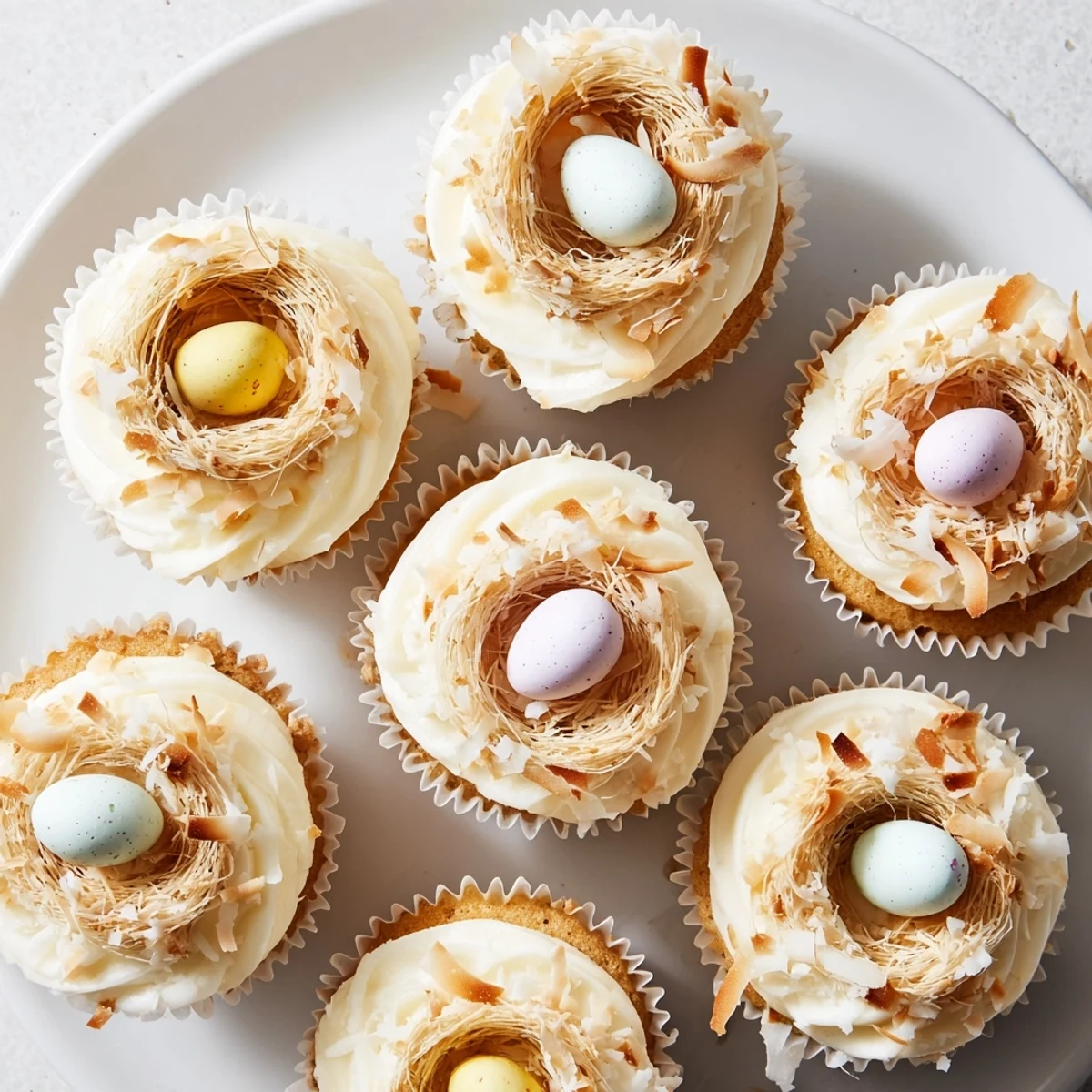 Springtime coconut nest cupcakes featuring pillowy vanilla cake with coconut frosting, woven toasted coconut nests, and Cadbury mini chocolate eggs
