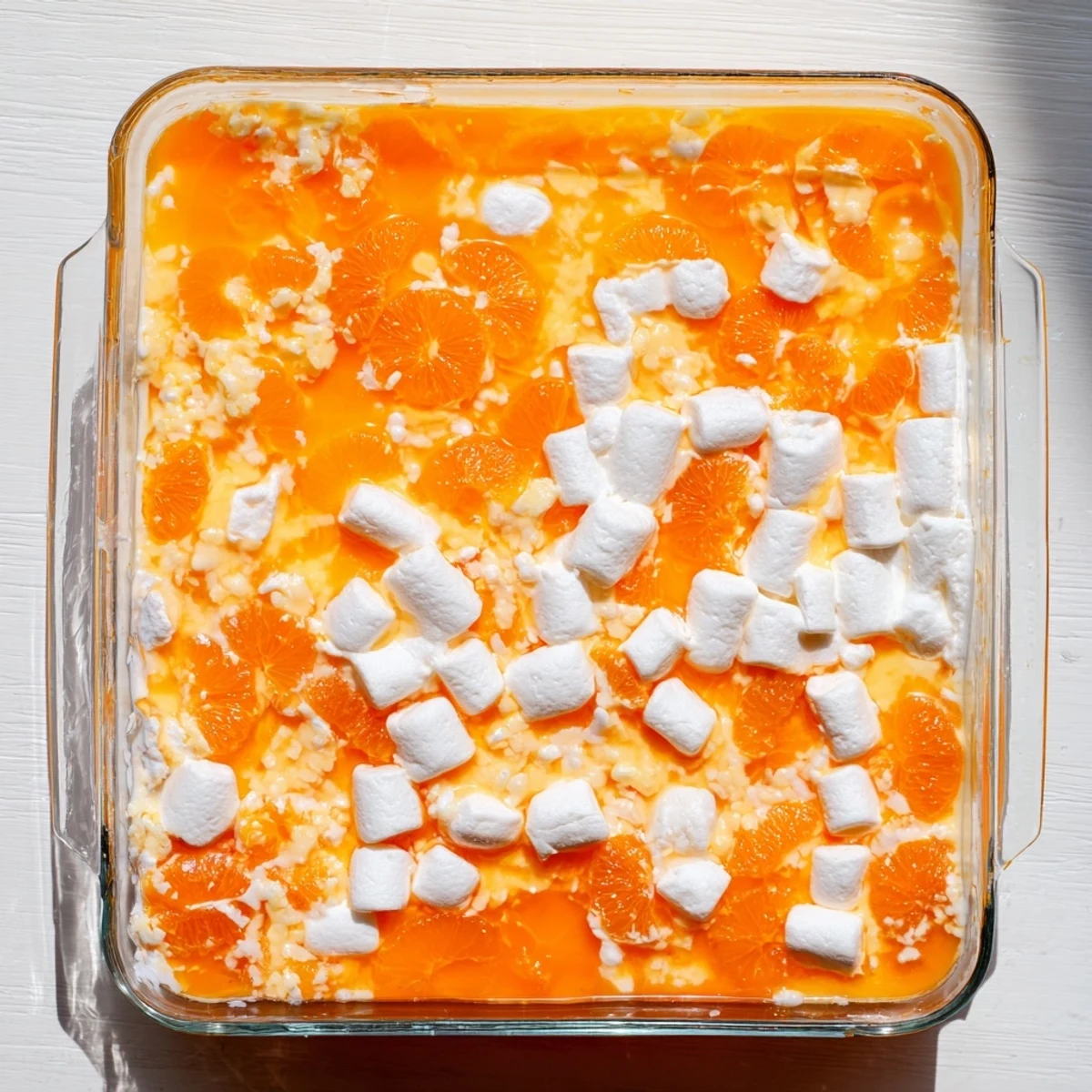 Festive Easter orange Jello salad with creamy marshmallow layer and bright citrus fruit