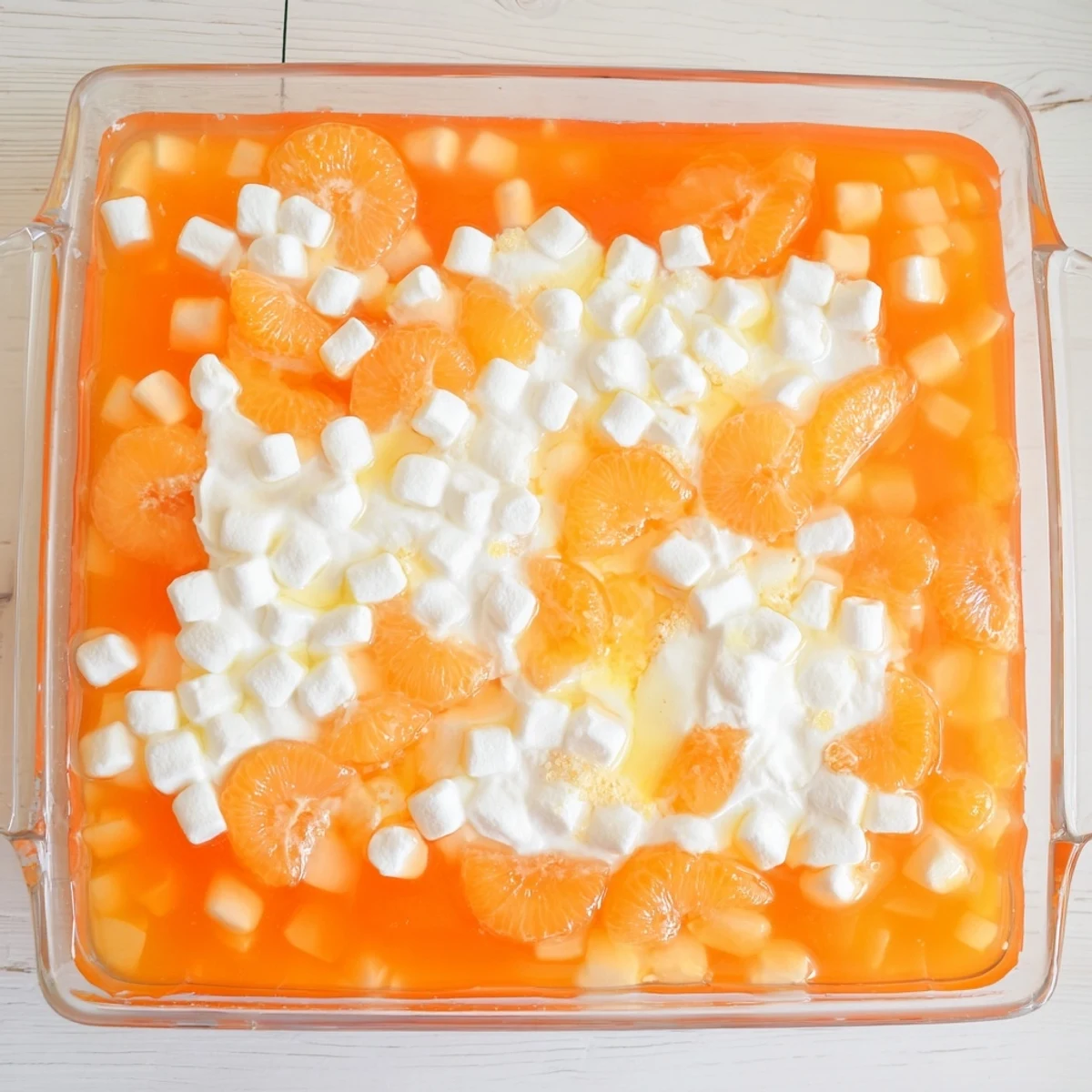 Golden orange gelatin salad topped with fluffy white cream and mandarin orange segments