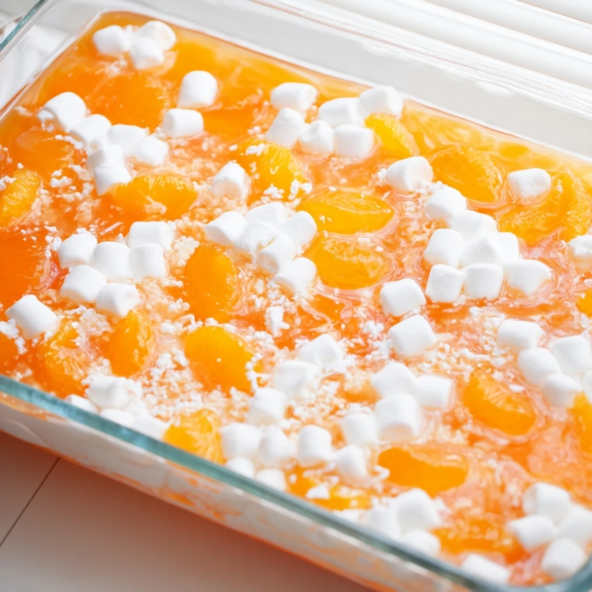 Glass dish of orange gelatin dessert with whipped topping and drained mandarin oranges