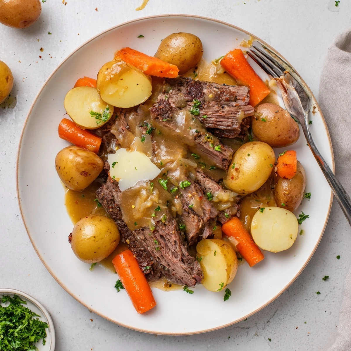 Fork-tender French onion pot roast plated with buttery vegetables and drizzled with a deep, flavorful beef reduction sauce