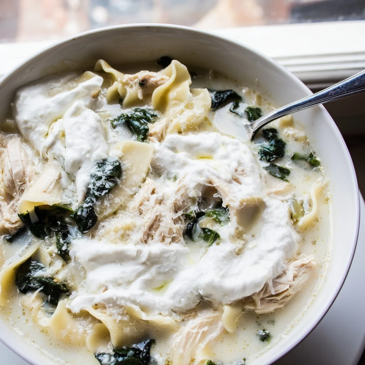 Creamy white lasagna soup with shredded chicken, spinach, and melted Parmesan cheese in a rustic bowl