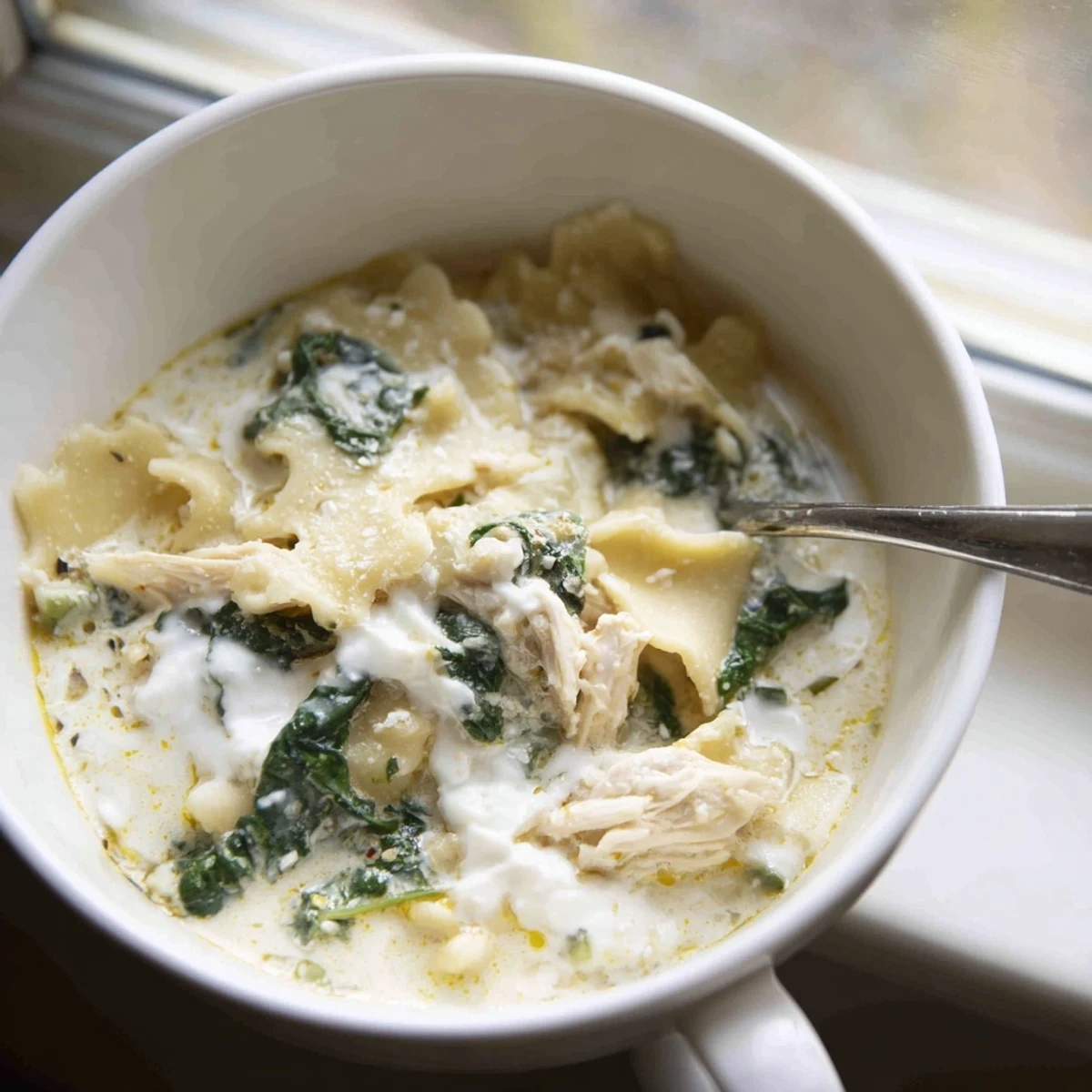 Savory chicken white lasagna soup featuring tender noodles, wilted spinach, and bubbling mozzarella on top