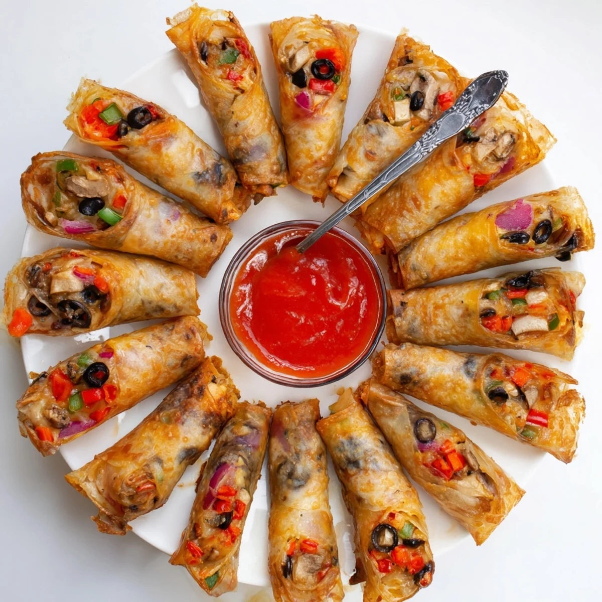 Golden pan-fried rice paper pizza rolls filled with melted mozzarella and colorful vegetables