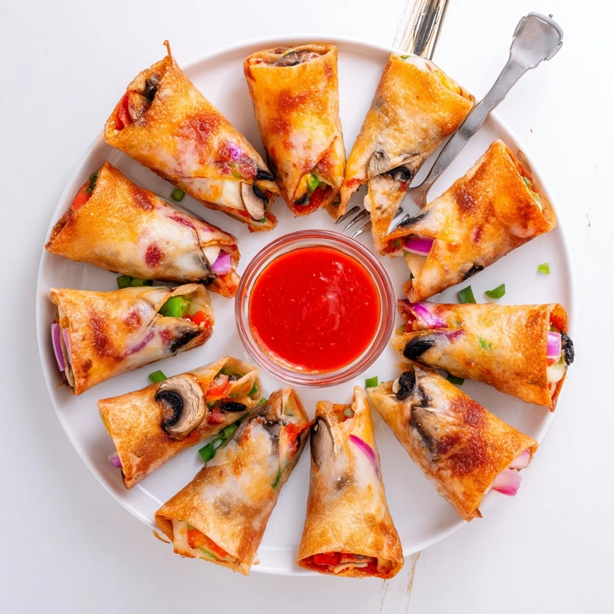 Homemade rice paper pizza rolls featuring oregano-spiced filling with bell peppers and olives
