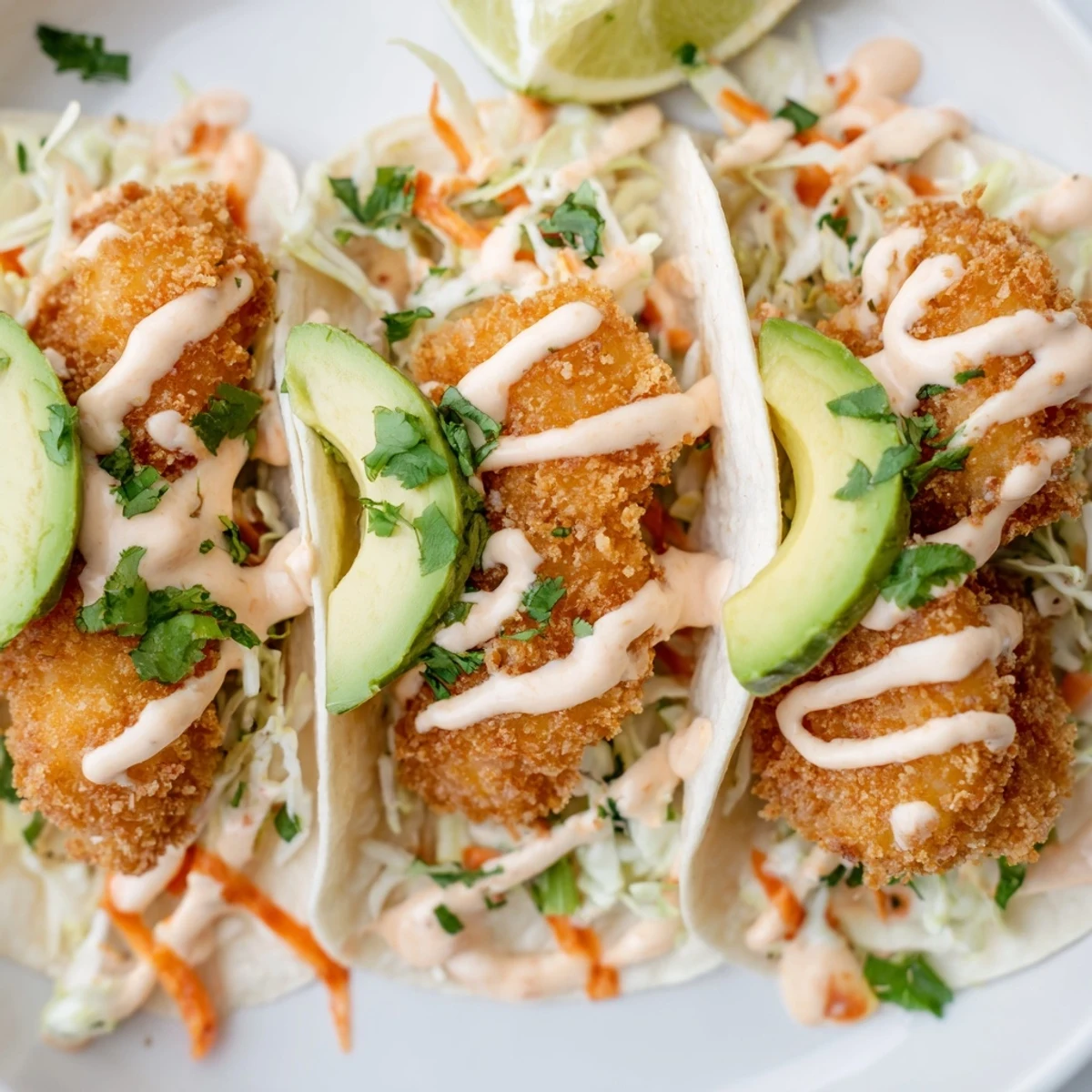 Golden crispy Bang Bang shrimp tacos topped with colorful slaw and creamy spicy sauce